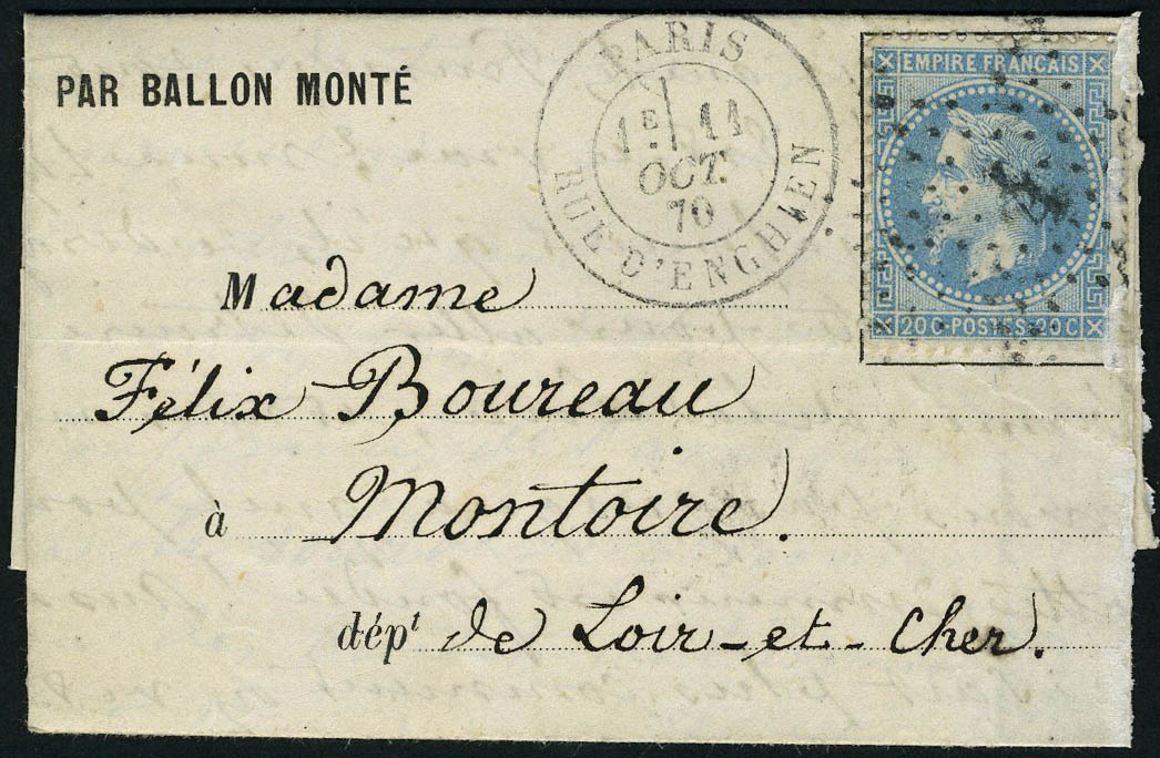 Lettre Le Louis Blanc (probable) Càd Paris R D'Enghien 11 Oct 70, Pour Montoire (L Et Ch), Arrivée 15 Oct 70, T.B. - Autres & Non Classés