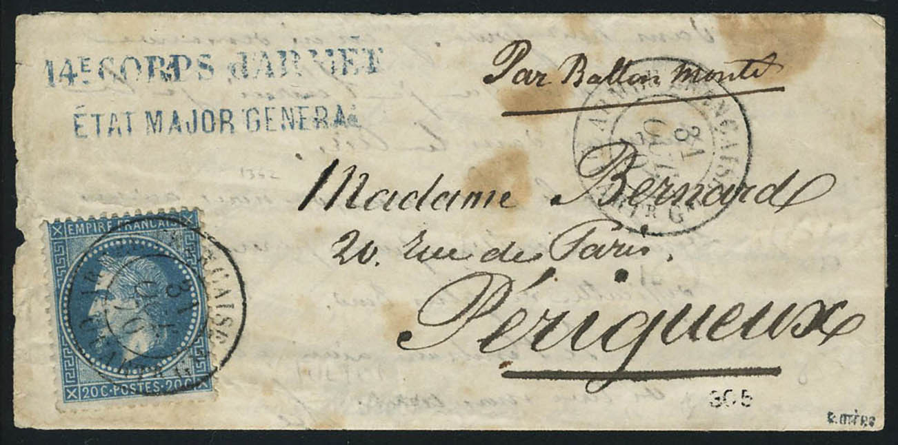 Lettre LE FULTON, LMM Càd Armée Française Quart. Gal 31 Oct 70, Cachet Bleu 14è Corps D'armée - Etat Major Général, Pour - Sonstige & Ohne Zuordnung