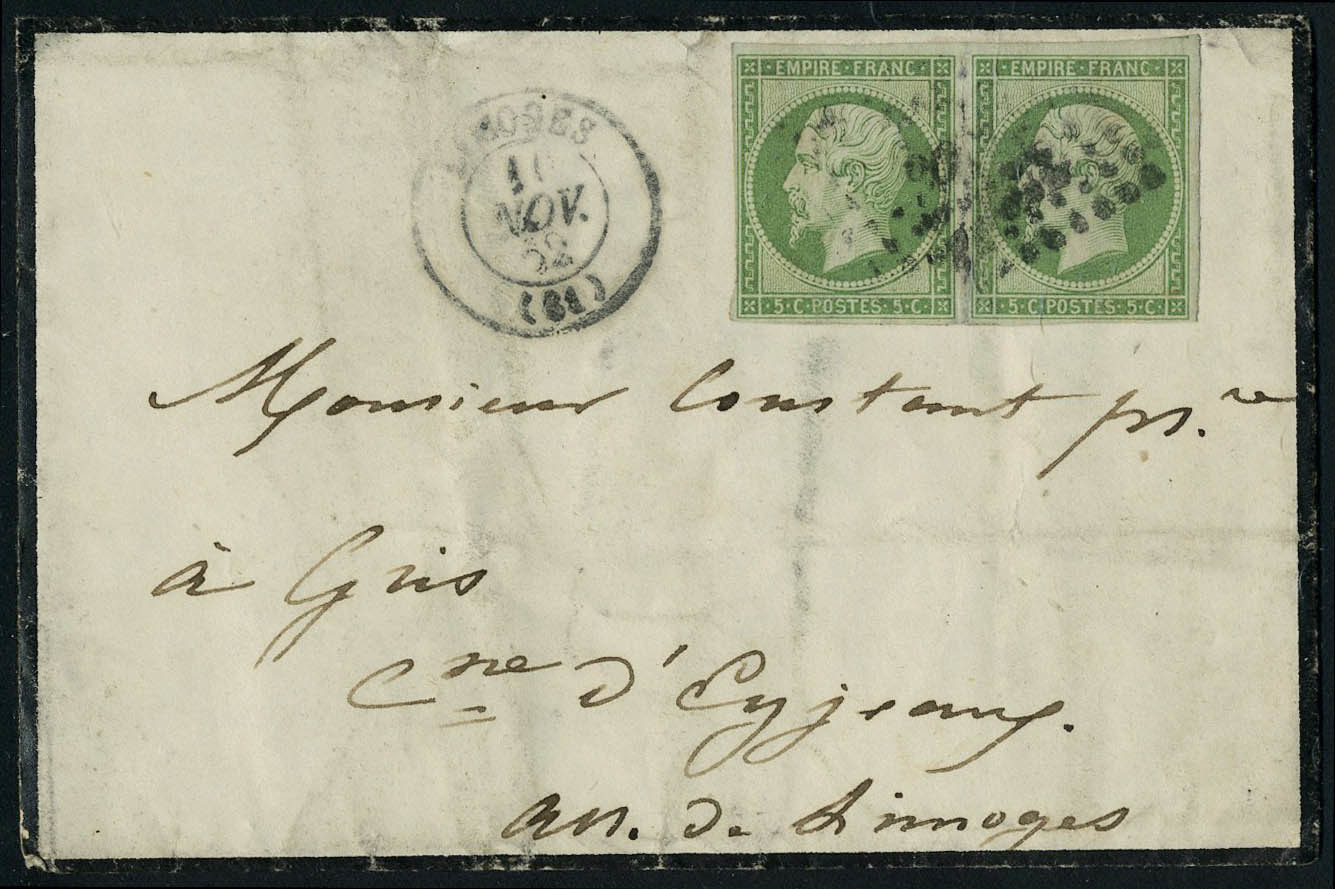 Lettre N° 12, 5c Vert, Paire Hor. Sur L, Càd Limoges 11 Nov 62, Pour Gris Cme D'Eyjiaux, Arrivée Au Verso St Paul D'Eyje - Sonstige & Ohne Zuordnung