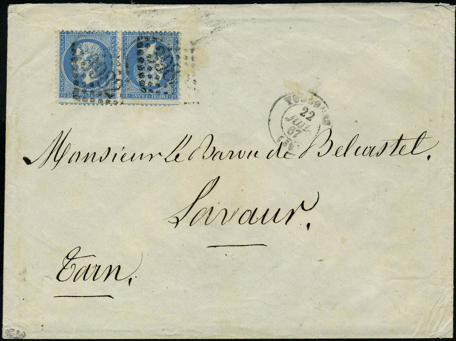 Lettre N° 22b, 20c Bleu Napoléon Dentelé, Paire Hor Tête Bêche Sur L Los GC 3982 Et Càd Toulouse 22 Juil 67 Pour Lavaur  - Andere & Zonder Classificatie