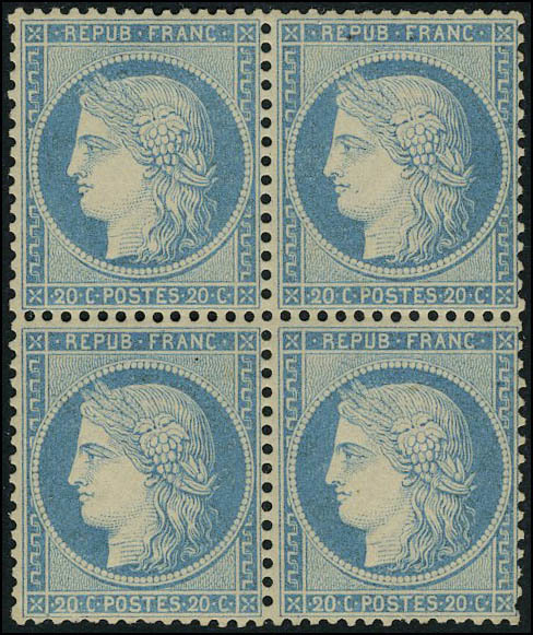 Neuf Sans Charnière N° 37, 20c Bleu Type Siège, Bloc De 4, Bien Centré, T.B. Signé JF Brun - Andere & Zonder Classificatie
