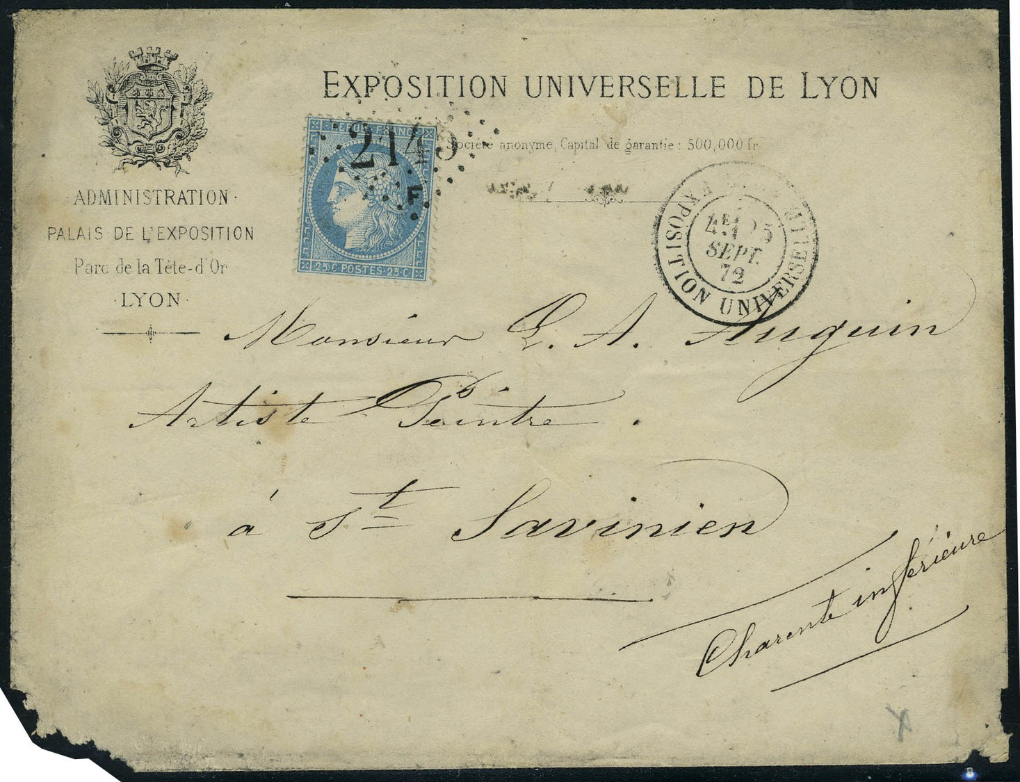 Lettre N° 60, 25c Bleu Sur L De L'Exposition Universelle De Lyon, Los GC 2145F Et Càd Exposition Universelle 25 Sept 72, - Altri & Non Classificati