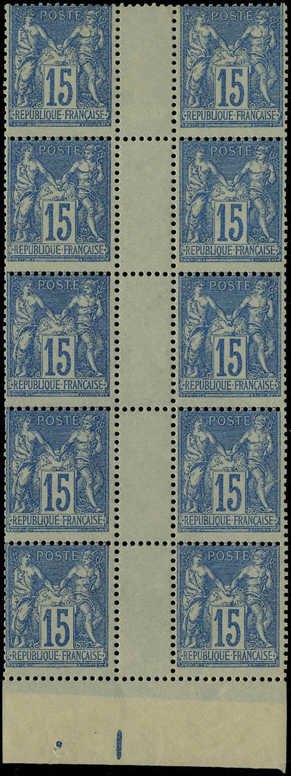 Neuf Sans Charnière N° 90, 15c Bleu, Bloc De 10, Interpanneau Sans Millésime, T.B. 2ex Cl - Other & Unclassified