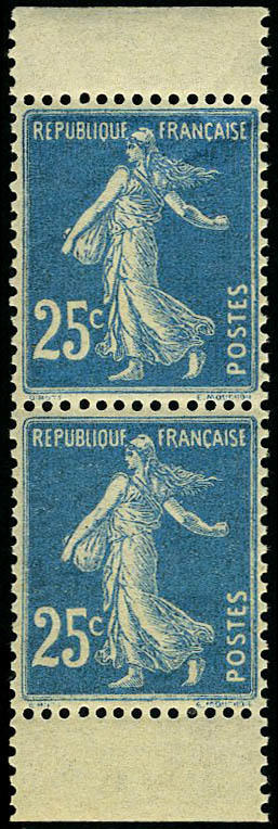 Neuf Sans Charnière N° 140f, 25c Bleu Semeuse, Paire Verticale De Carnet Type II, T.B. - Altri & Non Classificati