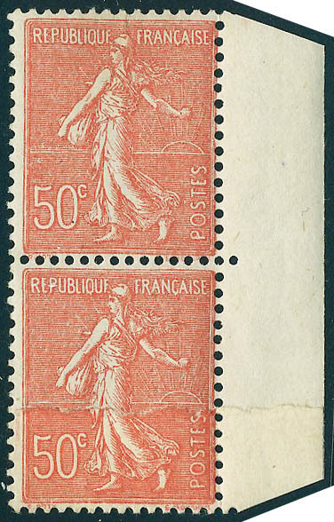 Neuf Sans Charnière N° 199, 50c Rouge Semeuse Lignée Type IIA, Paire Hor Avec Impression Sur Raccord, Bdf, T.B. Maury 19 - Altri & Non Classificati