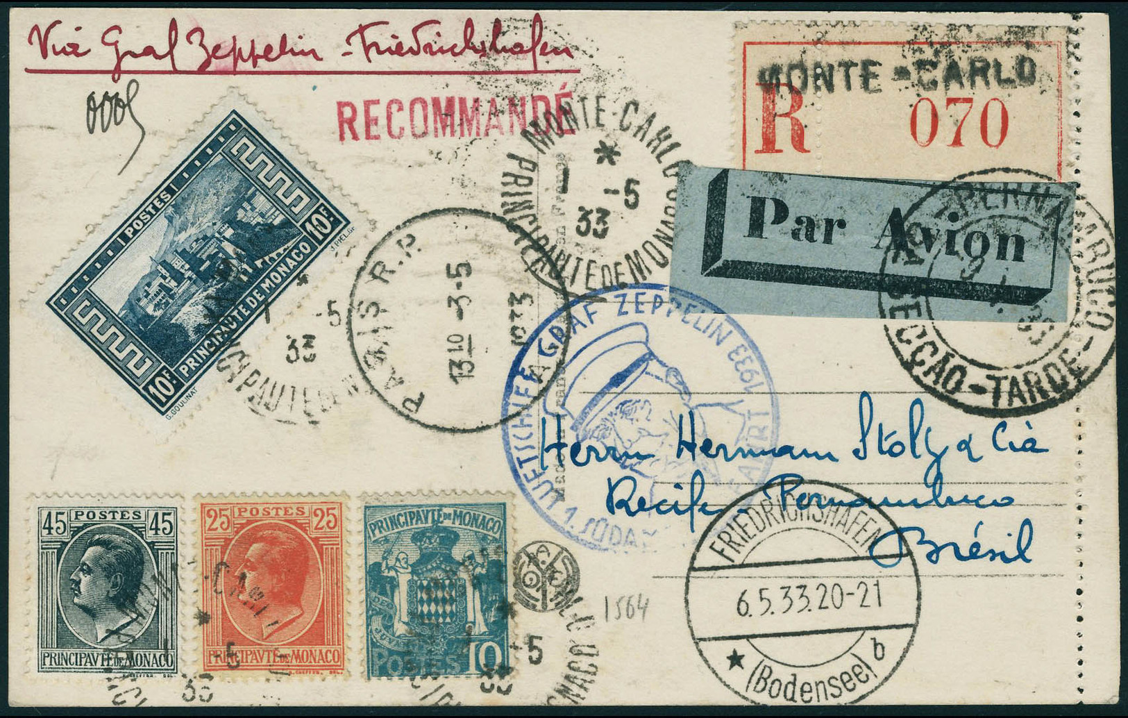 Lettre Zeppelin, 1 SAF 1933, CP Recommandée De Monté Carlo 1.5.33, Càd De Transit Friedrichschafen 6.5.33, Pour Récife P - Sonstige & Ohne Zuordnung