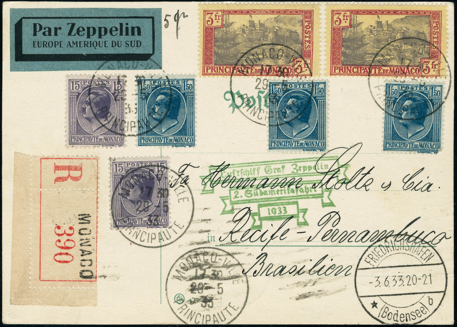 Lettre Zeppelin. 2è SAF 1933. C.P. Recommandée De Monaco (29.5.33). CàD De Transit : Friedrichshafen 3.6.33, Pour Recife - Andere & Zonder Classificatie