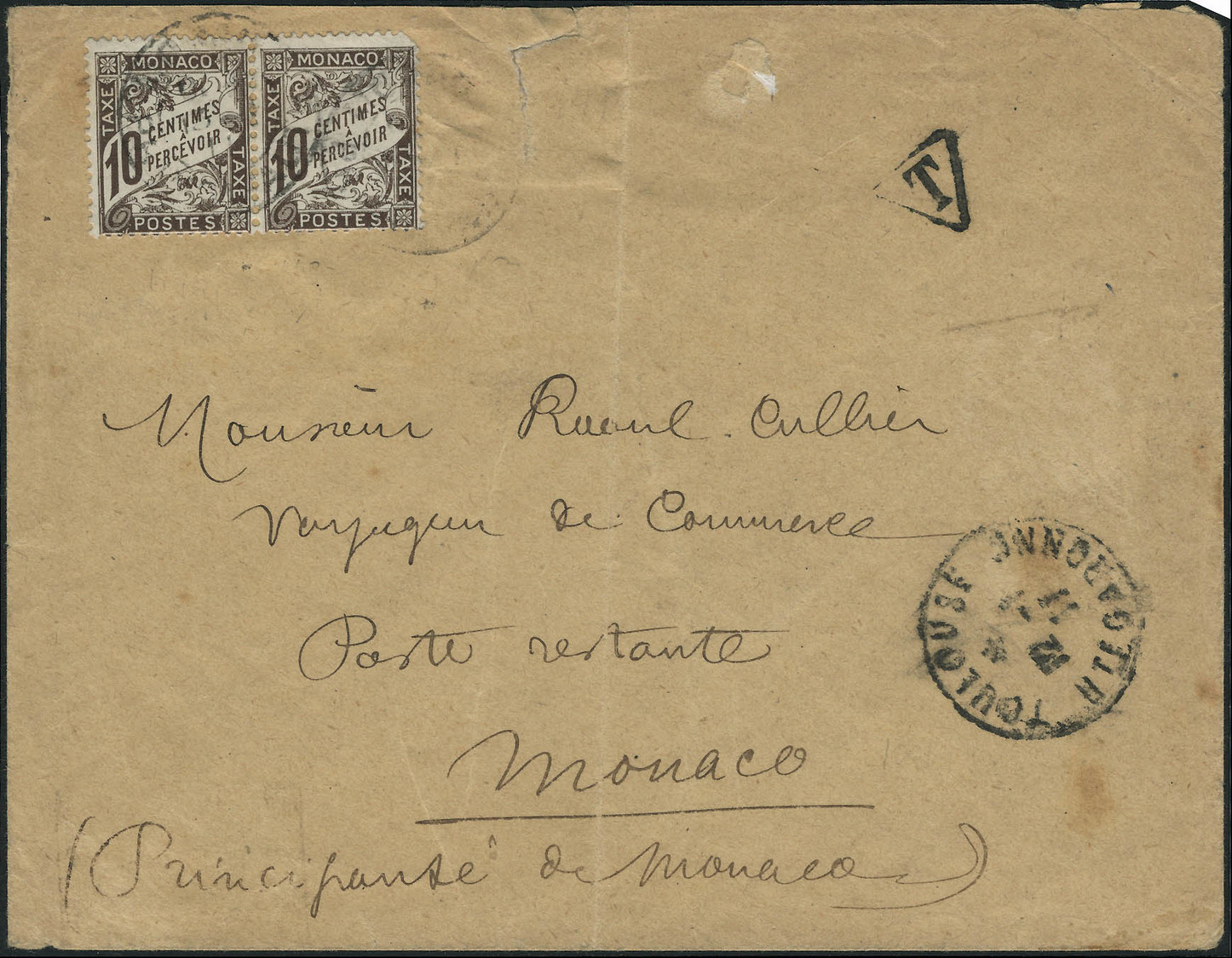 Lettre N°4. Paire Du 10c Brun S/Lettre Non Affranchie De Toulouse à Monaco En Janvier 1911. Rare (1ex. Dent Courte) - Other & Unclassified