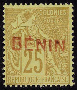 Neuf Sans Gomme 25c Bistre Jaune, Surcharge Benin En Rouge Avec Accent, Non émis, T.B. Rare, Signé Calves - Other & Unclassified