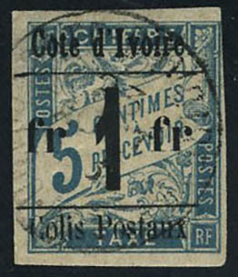 Oblitéré N° 7b, 1f Sur 5c, Bleu, Surcharge Type III, Sans Accent Sur Le O De Côte, T.B. RRR, Tirage 3, Signé Brun, Maury - Sonstige & Ohne Zuordnung