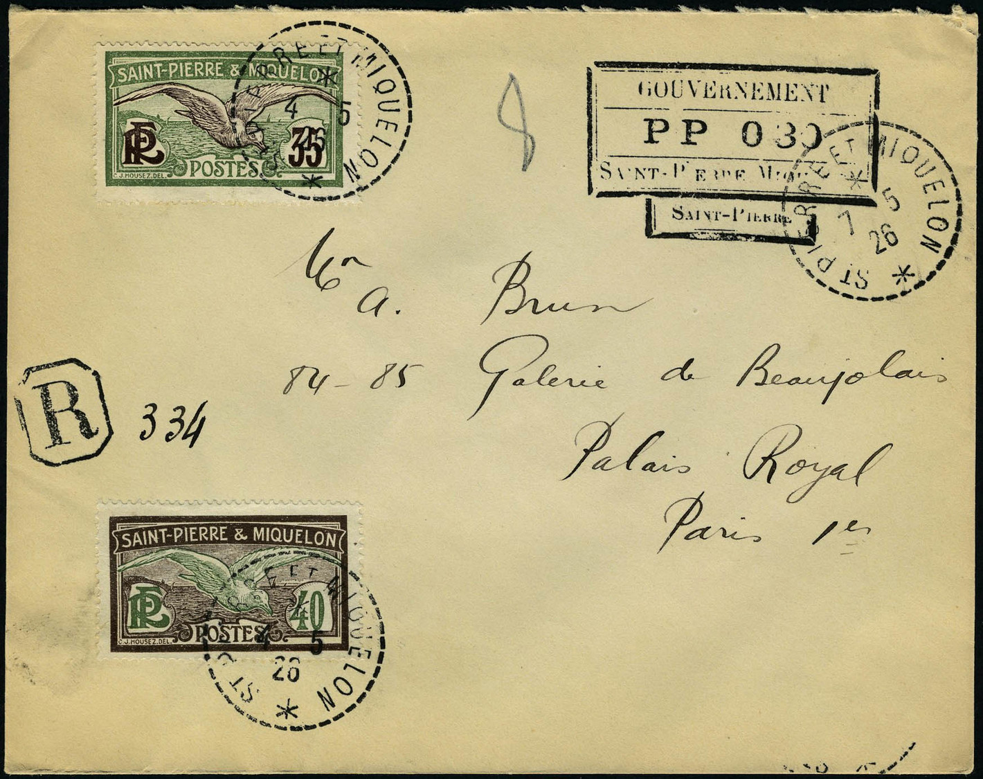 Lettre LR Affranchie Avec Cachet PP 030 + TP N° 86 Et 87. Càd St Pierre Et Miquelon 4.5.26 Pour Paris T.B. - Altri & Non Classificati