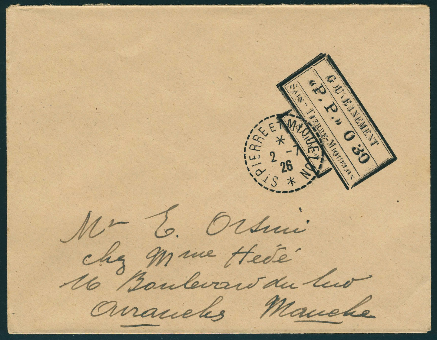 Lettre Lettre Avec Cachet Rectangulaire PP 030, Càd 2.7.26 Pour Avranches Manche, T.B. - Other & Unclassified