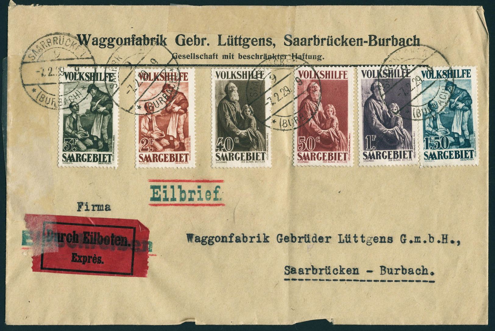 Lettre N° 125/130, Les 6 Valeurs Sur L Exprès, Càd Saarbrücken 7.2.29, Pour Saarbrücken-Burbach, T.B. Cote Michel. - Other & Unclassified