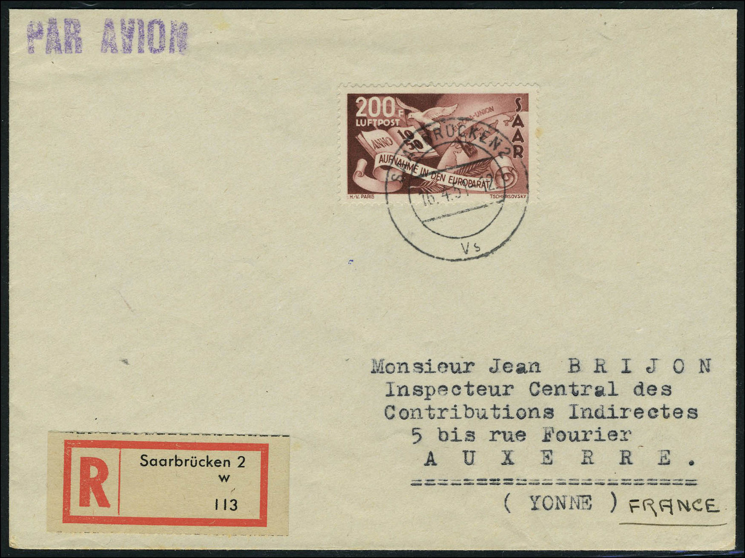 Lettre N° 13, 200f Conseil De L'Europa Obl 16/4/51 Sur LR Pour La France, Arrivée Au Verso 17/4/51, T.B. Michel - Sonstige & Ohne Zuordnung