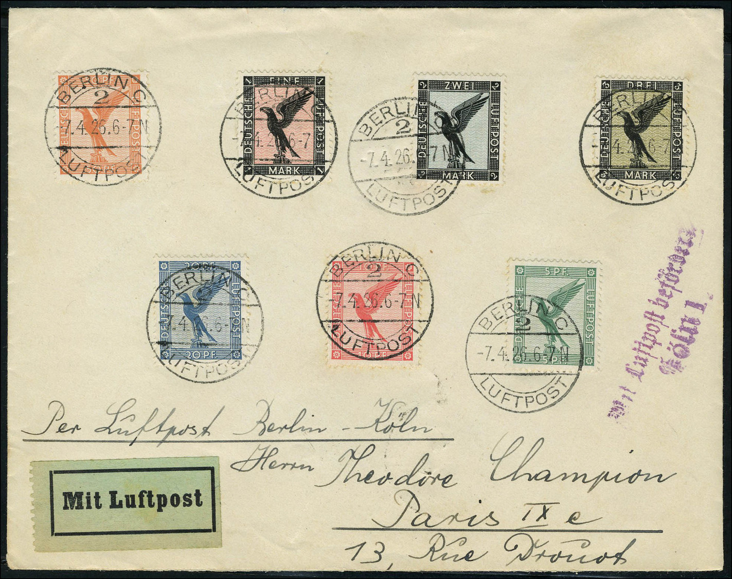 Lettre N° 27/34, Sauf 29, Les 7 Valeurs Emise En 1926 Obl Sur L Berlin 7.4.26 Pour Paris Via Ligne Aérienne Berlin Koln, - Sonstige & Ohne Zuordnung