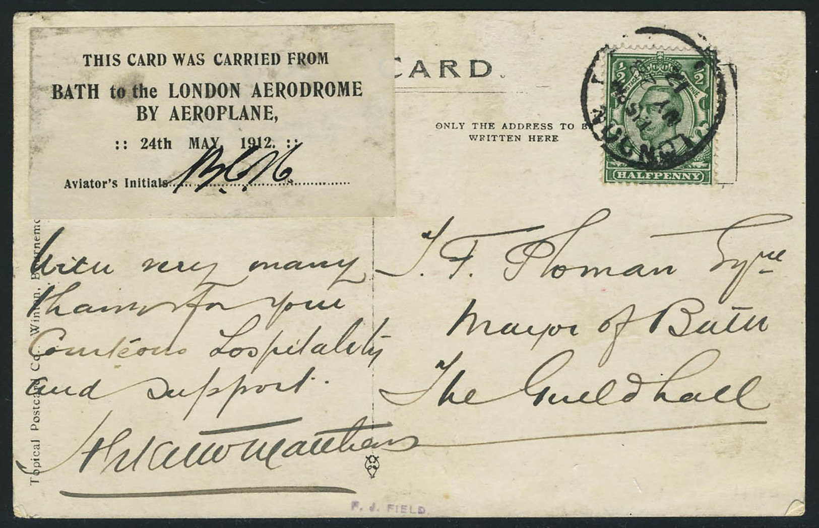 Lettre Premier Vol Bath-Londres 24 Mai 1912. CP Illustrée (pilote PC Hucks) Avec Càd Londres My 28 12. Etiquette This Ca - Other & Unclassified