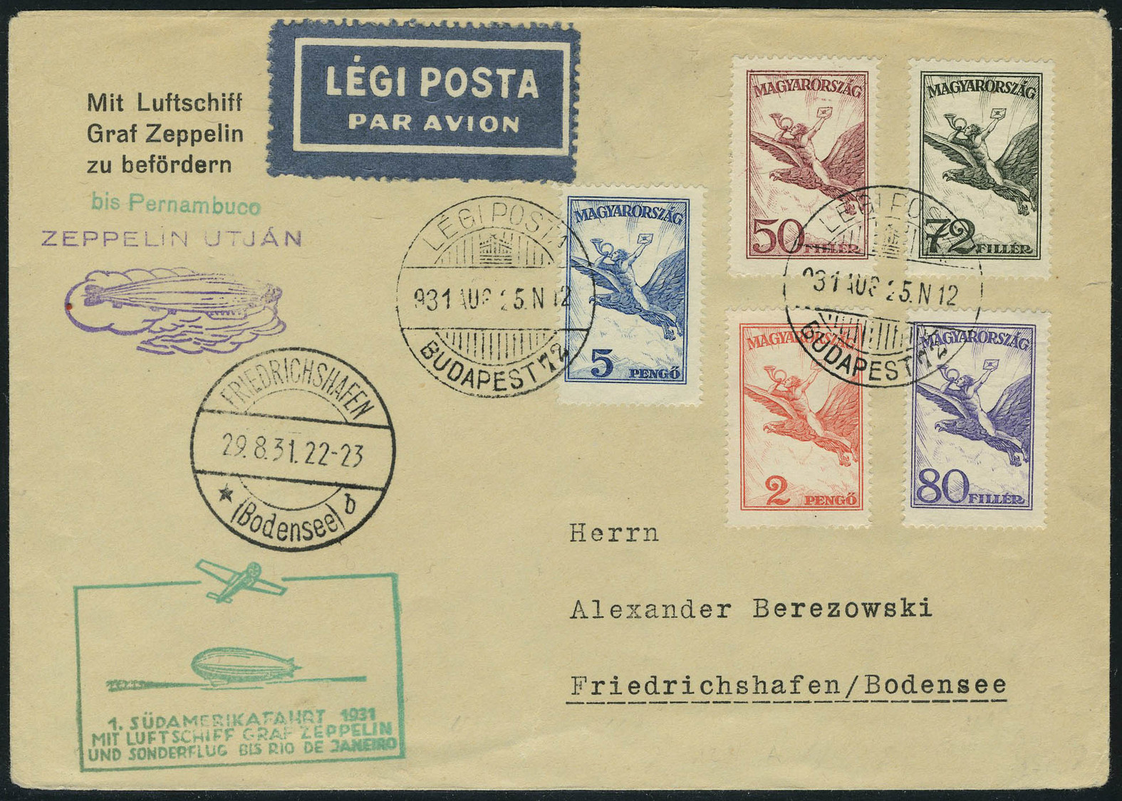 Lettre Zeppelin 1 SAF 1931, L Càd Budapest 931, Aug 25, Càd De Transit Friedrichshafen 29.8.31, Au Verso Càd De Transit  - Other & Unclassified