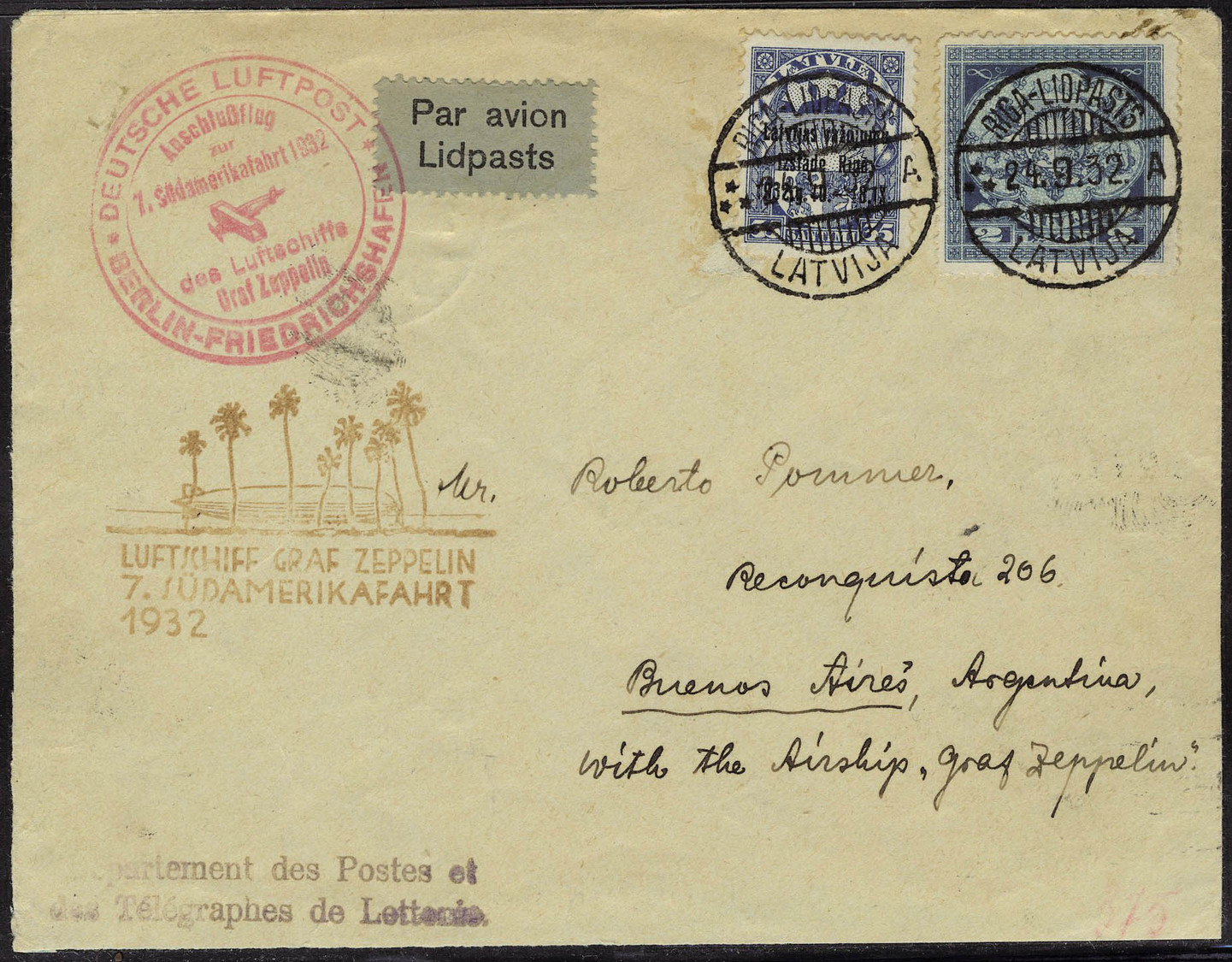 Lettre Zeppelin 7è SAF 1932 Pour L'Argentine, T.B. - Sonstige & Ohne Zuordnung