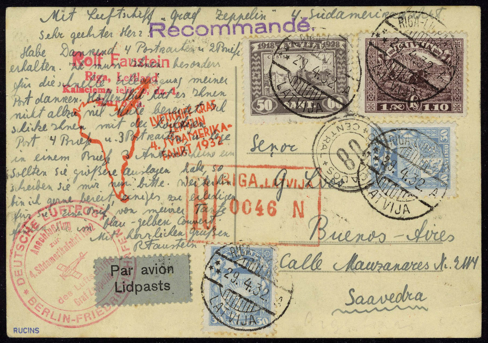 Lettre Zeppelin 4è SAF 1932 Pour L'Argentine T.B. Au Verso PA 10/12 - Sonstige & Ohne Zuordnung