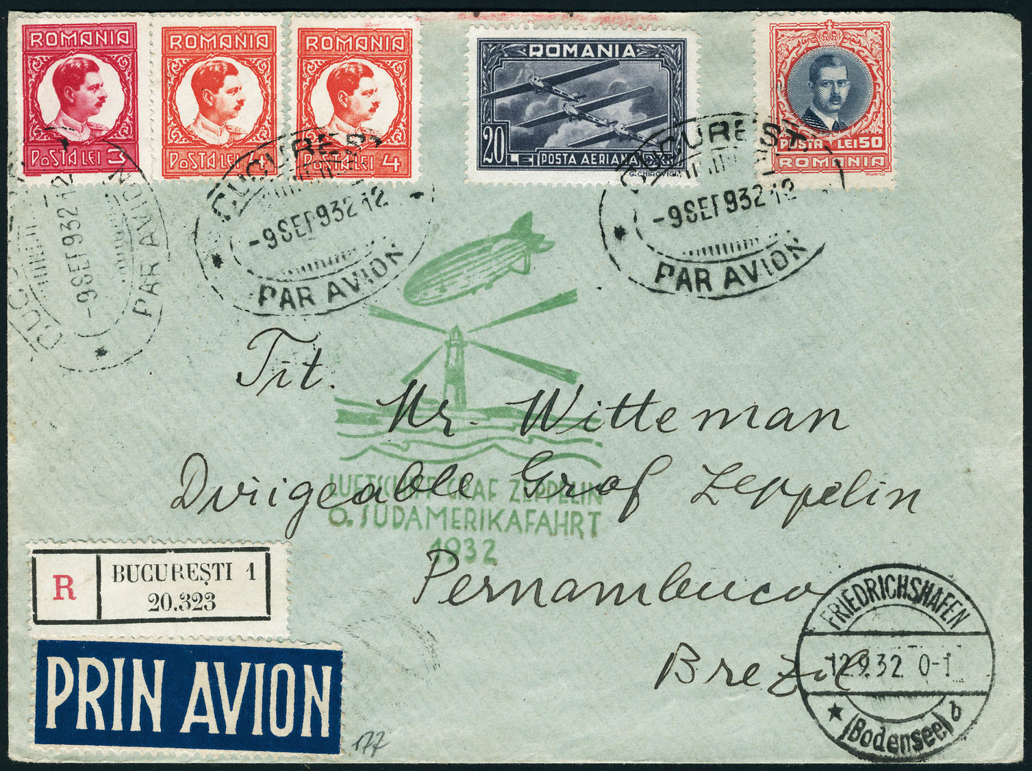 Lettre Zeppelin. 6° SAF 1932. LR De Bucarest 9 Sep 32. CàD De Friedrichshafen 12.9.32 Pour Pernambuco. Arrivée Le 15.IX. - Sonstige & Ohne Zuordnung