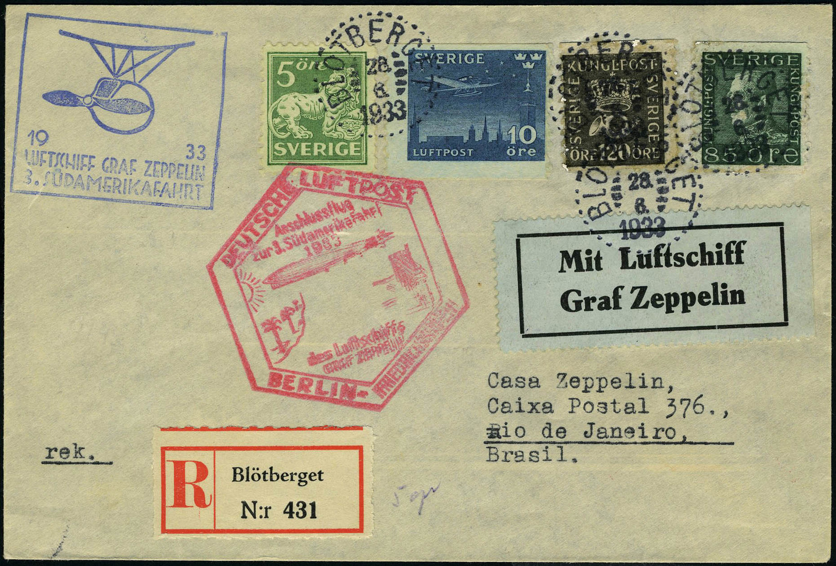 Lettre N° 4, + Complément D'affranchissement Sur LR De Blotberget 28.6.33, Zeppelin 3 SAF 1933 ^pir Rio De Janeiro, Au V - Sonstige & Ohne Zuordnung