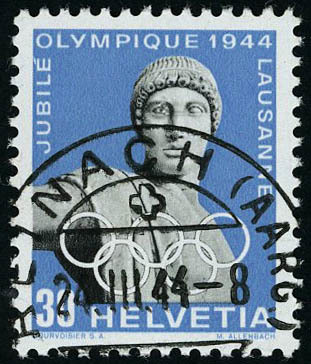 Oblitéré N° 394, 30c Bleu Jubilé Olympique 1944 Variété Oeil Ouvert Superbe, RRR, Signé + Certificat JC Marchand, Zurste - Autres & Non Classés