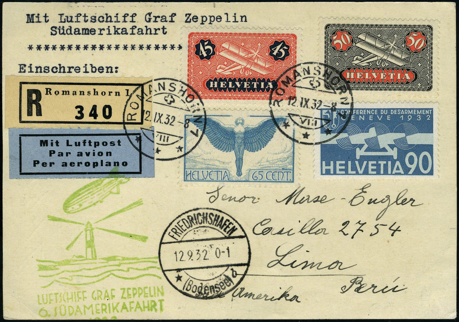 Lettre N° 8, 9 + 10 Et 18 Sur CP Recommandée Zeppelin 6 SAF 1932, Càd Romanshorn 12 IX 32 Càd De Transit Friedrichshafen - Sonstige & Ohne Zuordnung