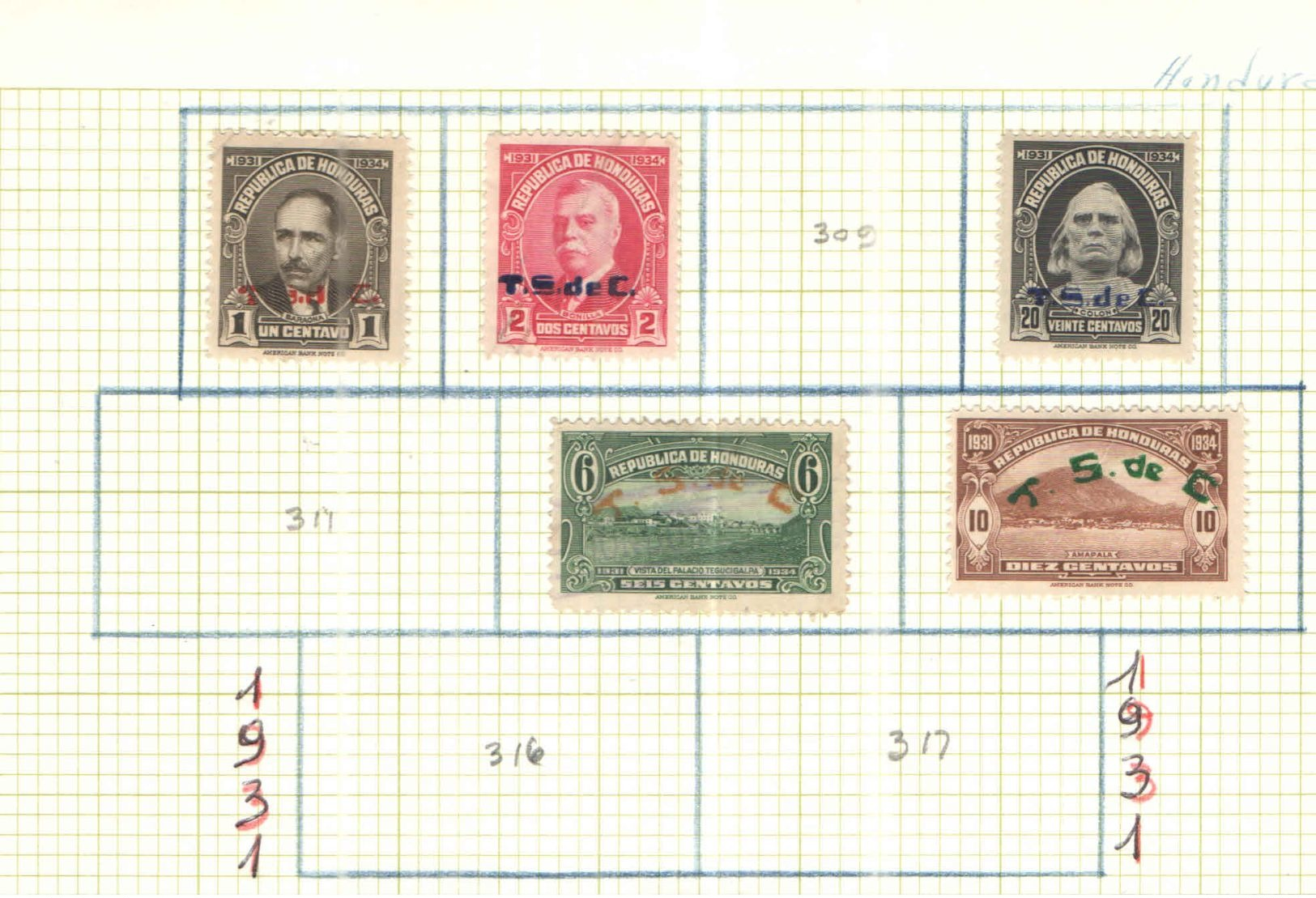 Hobduras 1931 Stamps Ovpr.      Scott.307+308+310+312+315+ N.5 Valori Nuovi See Scans - Honduras