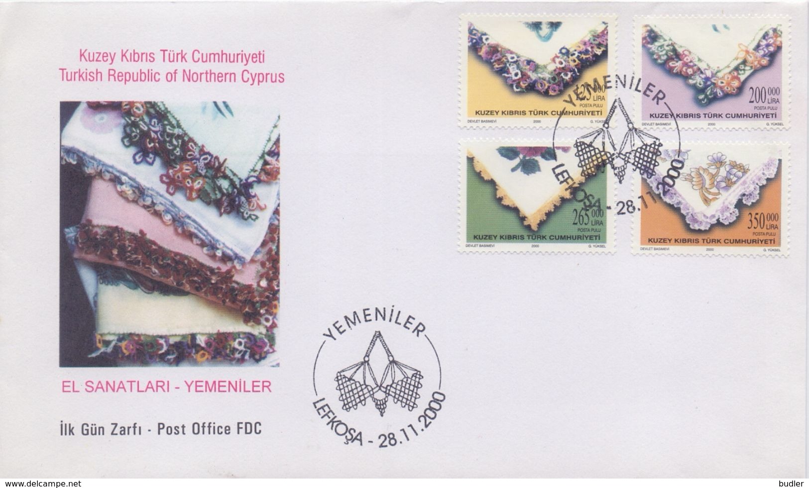 TURKISH REPUBLIC Of NORTHERN CYPRUS :2000: Y.489-92 Neuf/postfris/mint + On FDC:KERCHIEF,FOULARDS BRODÉS,HANDICRAFT, ... - Textile