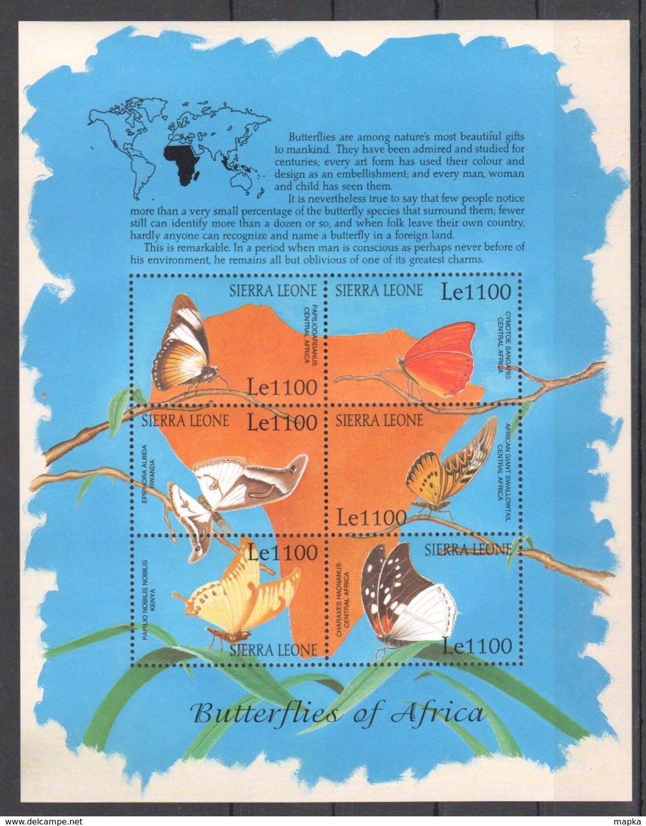 N285 SIERRA LEONE FAUNA BUTTERFLIES OF AFRICA 1KB MNH - Schmetterlinge