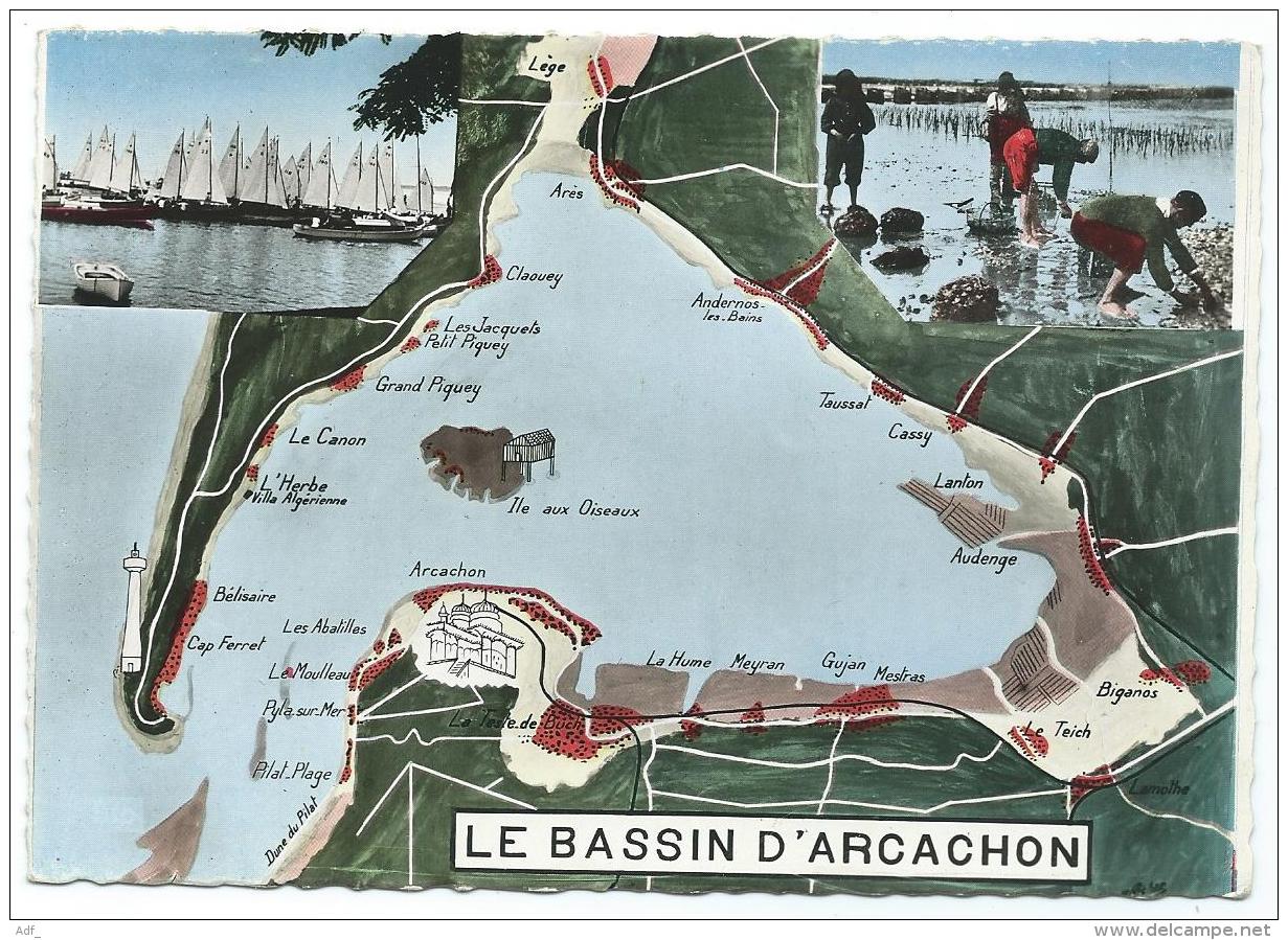 CPSM LE BASSIN D'ARCACHON, CAP FERRET, BELISAIRE, LE CANON, L'ILE AUX OISEAUX, GRAND PIQUEY, ARES, TAUSSAT, CASSY, 33 - Autres & Non Classés