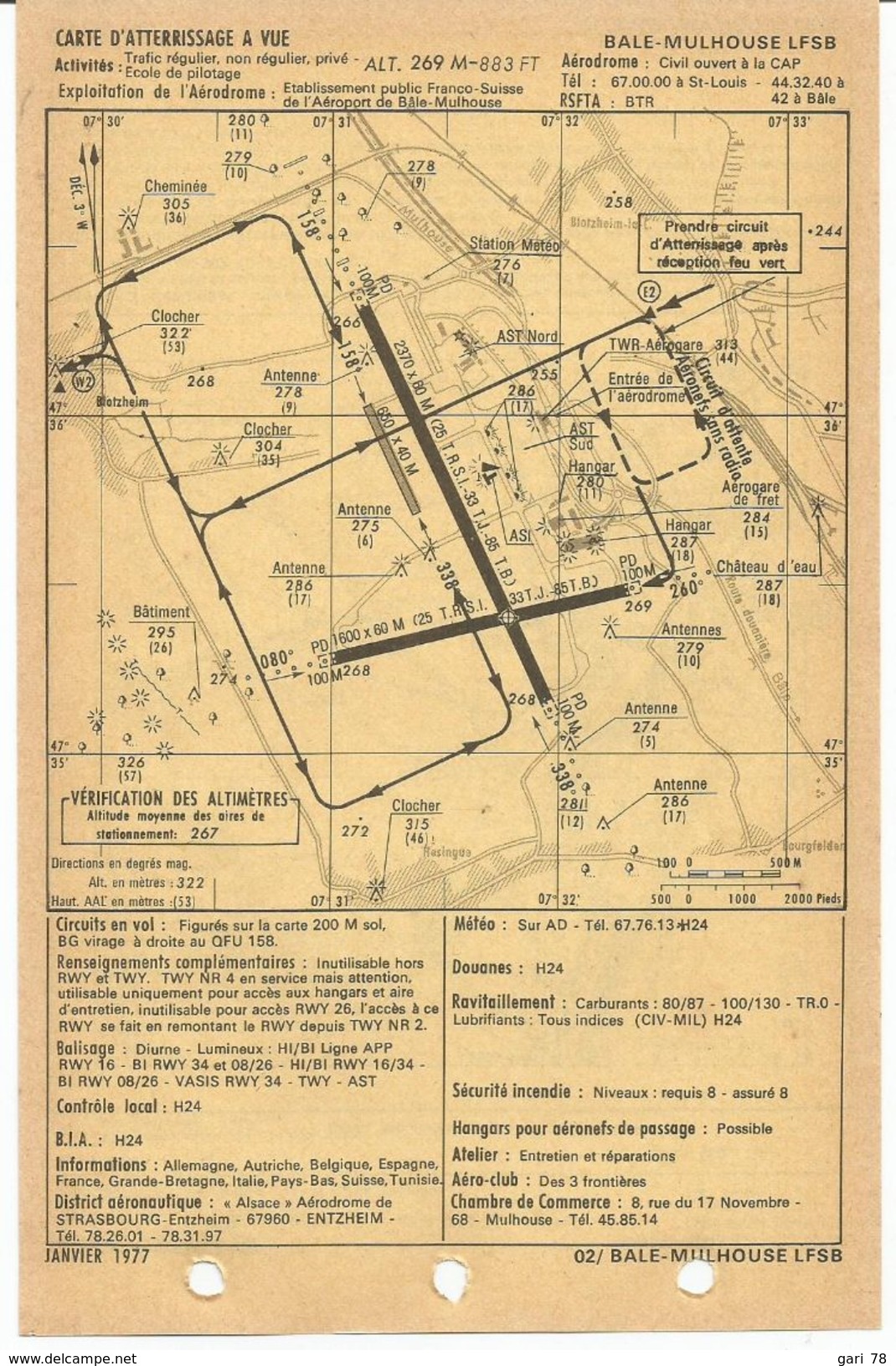 Carte D'approche Et D'atterrissage à Vue BALE MULHOUSE (Haut Rhin) Et Procédures D'arrivée, Départ, Transit - 1977 - Autres & Non Classés