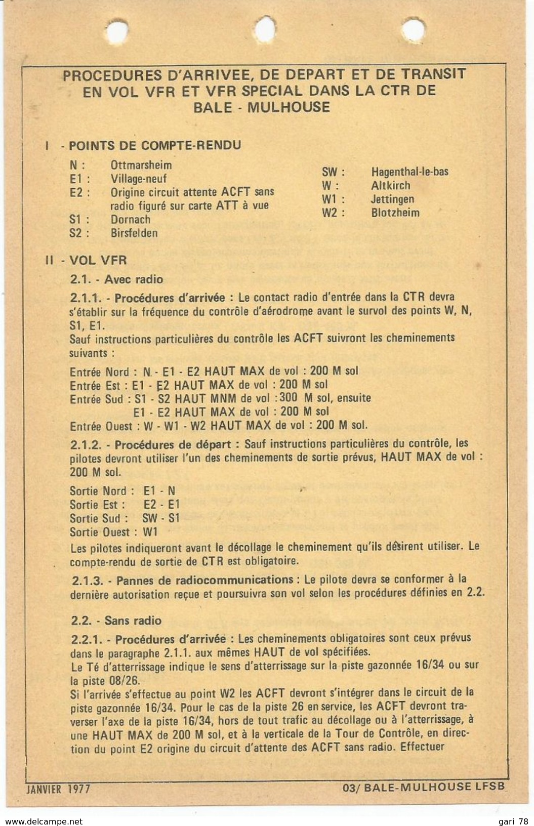 Carte D'approche Et D'atterrissage à Vue BALE MULHOUSE (Haut Rhin) Et Procédures D'arrivée, Départ, Transit - 1977 - Autres & Non Classés