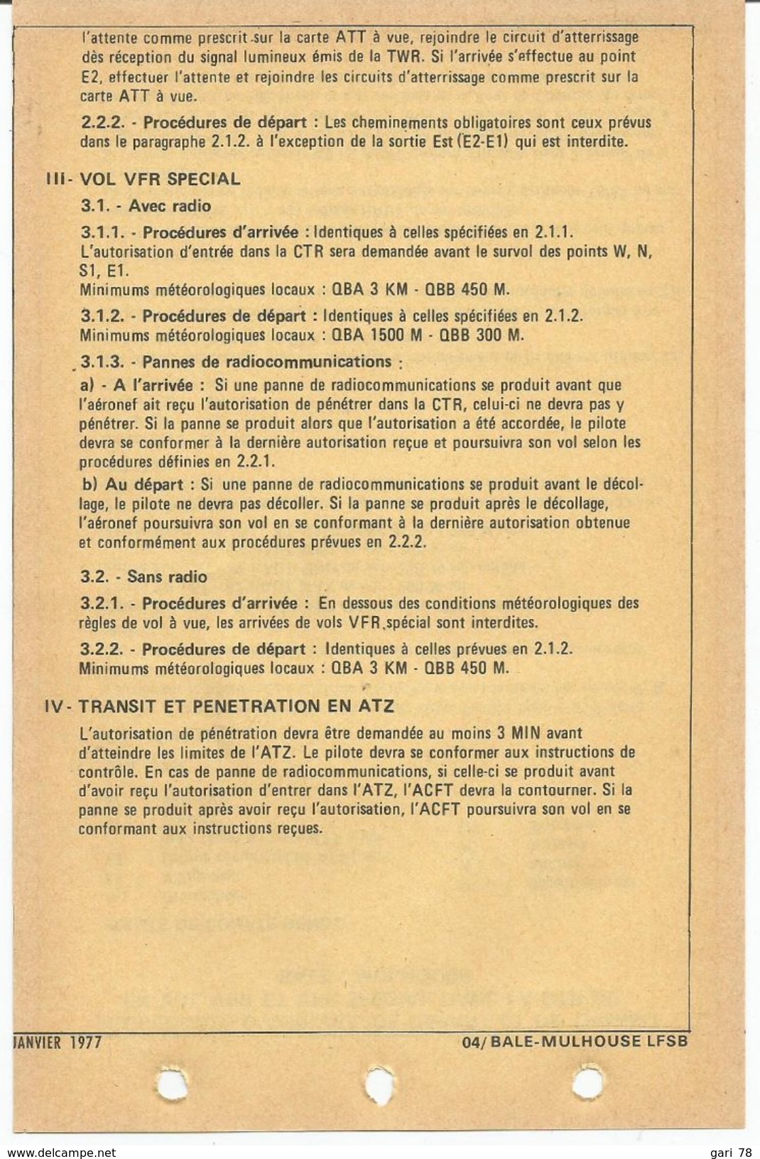 Carte D'approche Et D'atterrissage à Vue BALE MULHOUSE (Haut Rhin) Et Procédures D'arrivée, Départ, Transit - 1977 - Autres & Non Classés