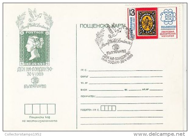 65323- QUEEN VICTORIA STAMP, LONDON WORLD EXHIBITION, SPECIAL POSTCARD, 1989, BULGARIA - Briefe U. Dokumente