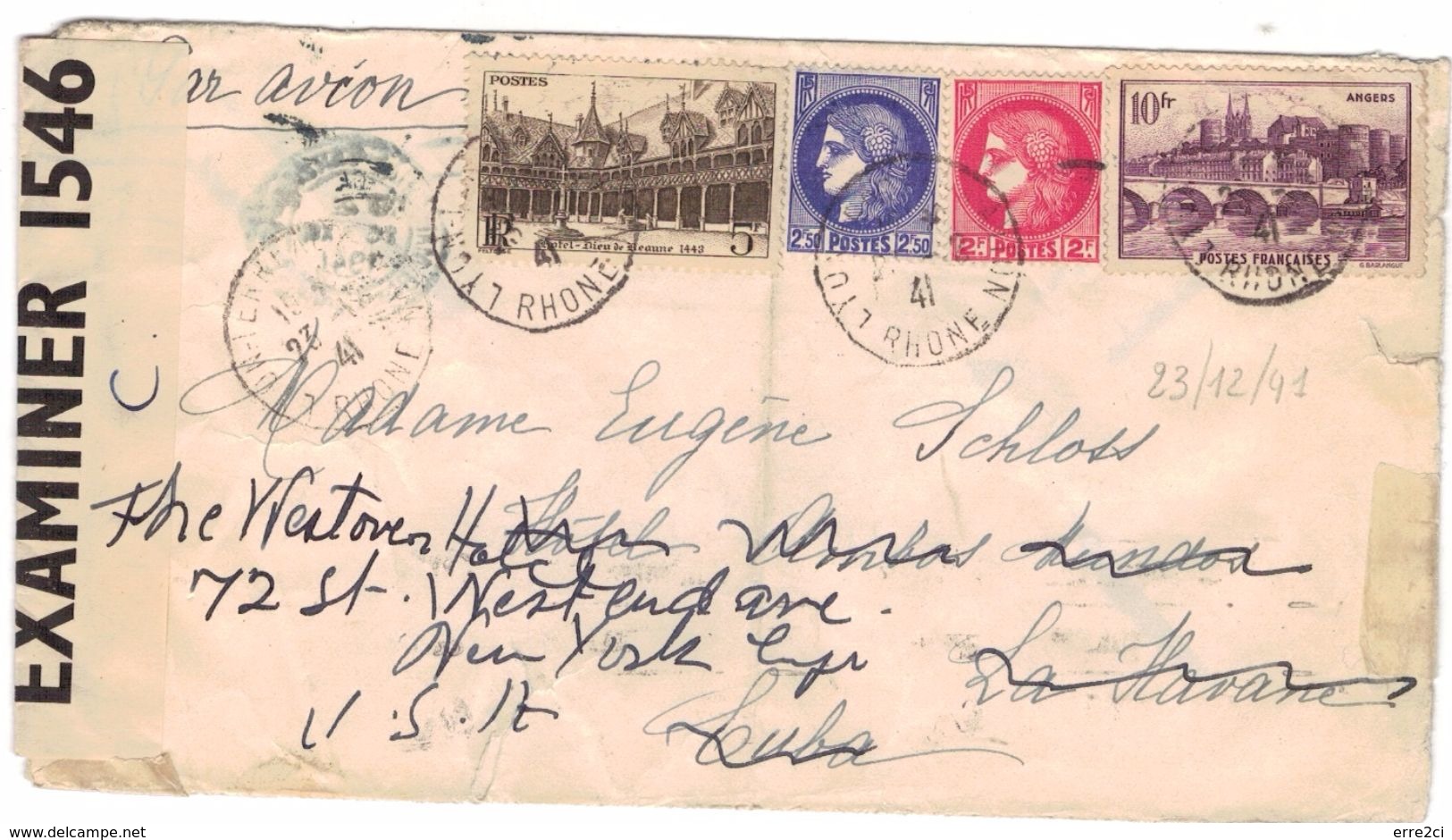 F514 -BEAUNE ANGERS MERCURE LETTRE 23-12-41 AVION AU TARIF DEST CUBA READRESSEE X USA CENSURE CUBA RARE - Brieven En Documenten