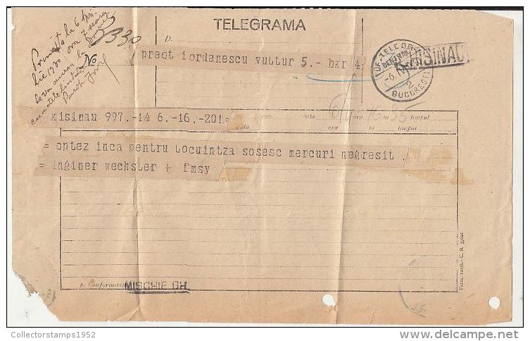 65398- TELEGRAMME SENT FROM CHISINAU TO BUCHAREST, TELEGRAPH, 1930, ROMANIA - Télégraphes