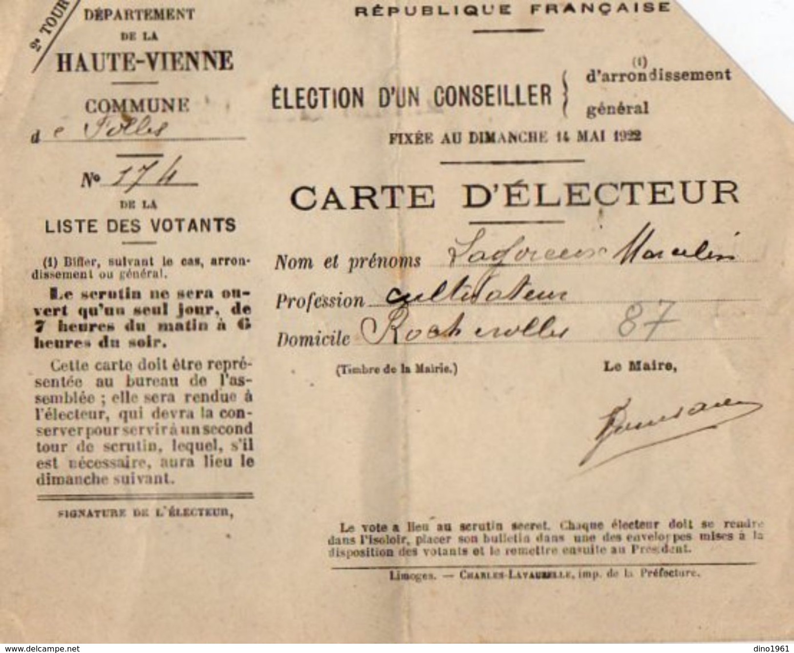 VP10.860 - Commune De FOLLES  -  Carte D'Electeur - Mr M. ? - Autres & Non Classés