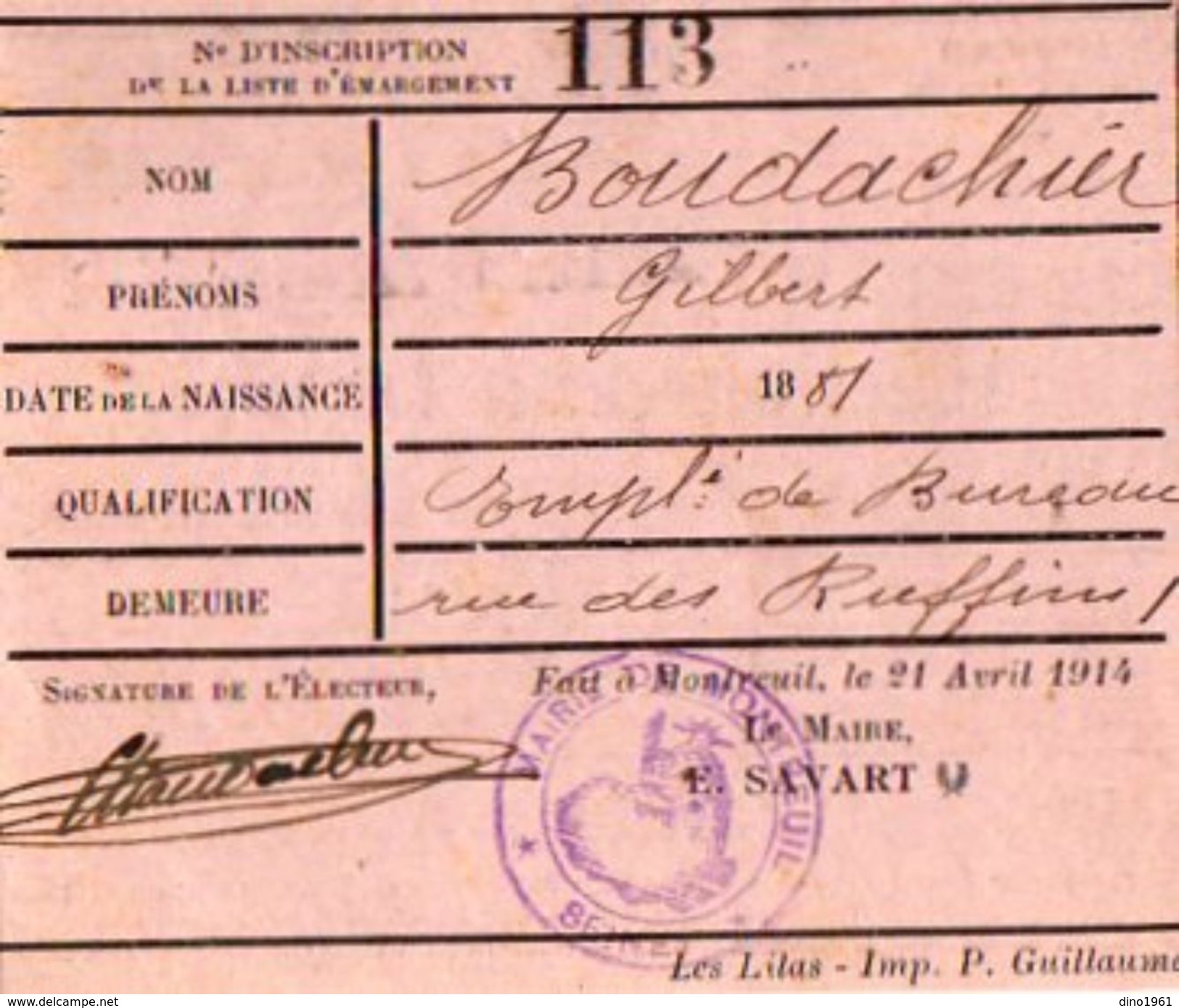 VP10.862 - Commune De MONTREUIL -  Carte D'Electeur - Mr G. BOUDACHIER - Sonstige & Ohne Zuordnung