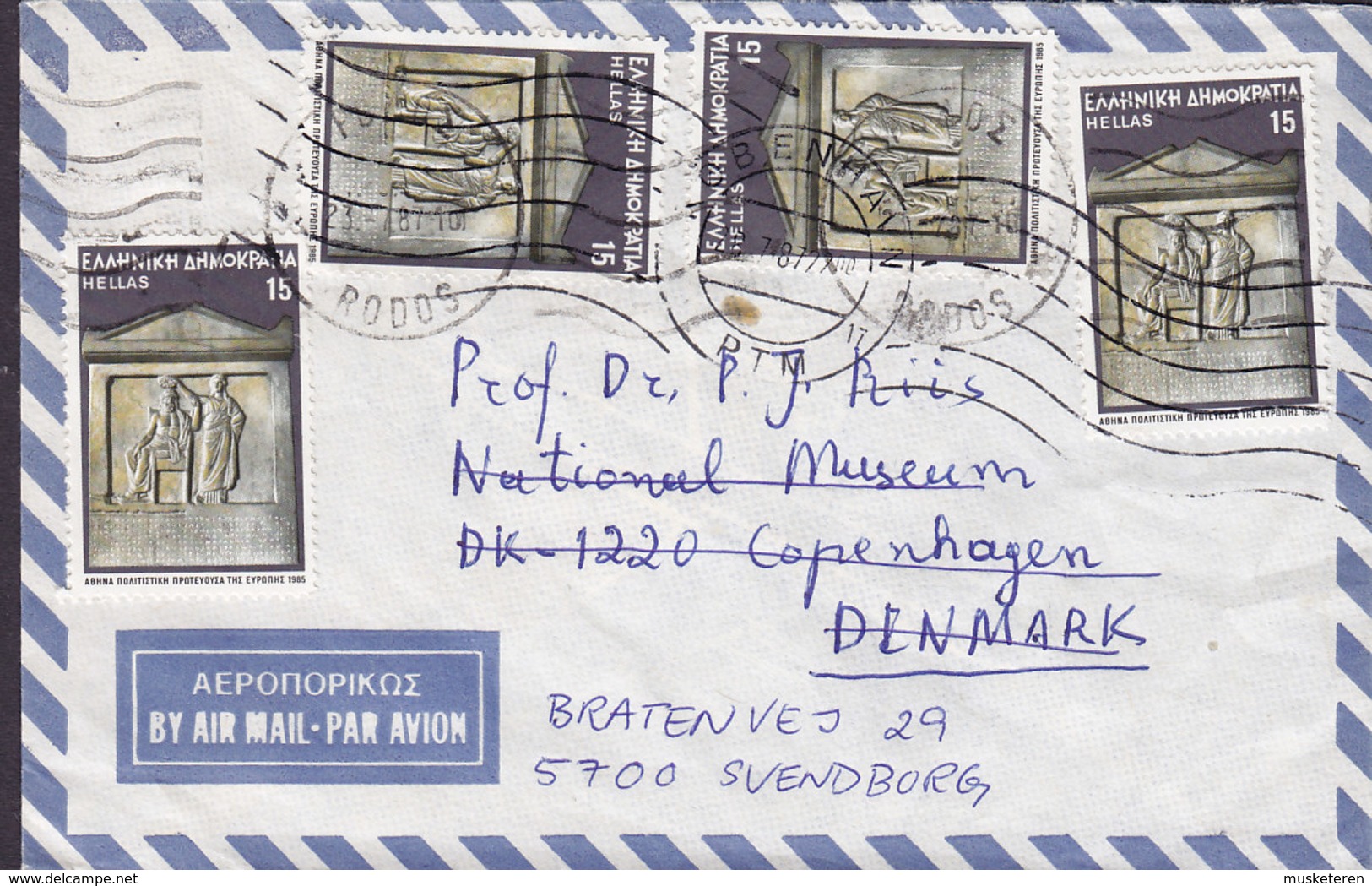 Greece Air Mail Par Avion RODOS 1987 Cover Lettera Denmark READRESSED 4x Mi. 1594 Athens Kulturhaupstadt Europas - Briefe U. Dokumente