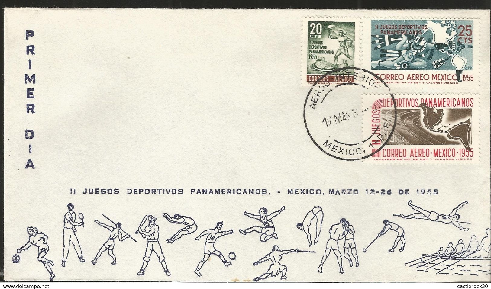 J) 1955 MEXICO, II PANAMERICAN SPORTS GAMES, TORCH-BEARER AND STADIUM, MAP, SET OF 2 FDC - Mexico