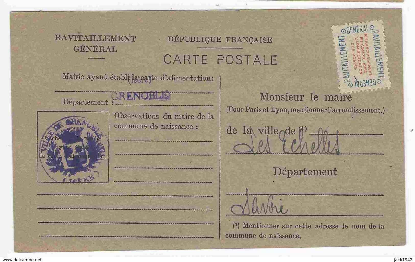 1946 - étiquette Service Du Ravitaillement Général Sur Fiche De Grenoble Pour Les Echelles Savoie - Lettres & Documents