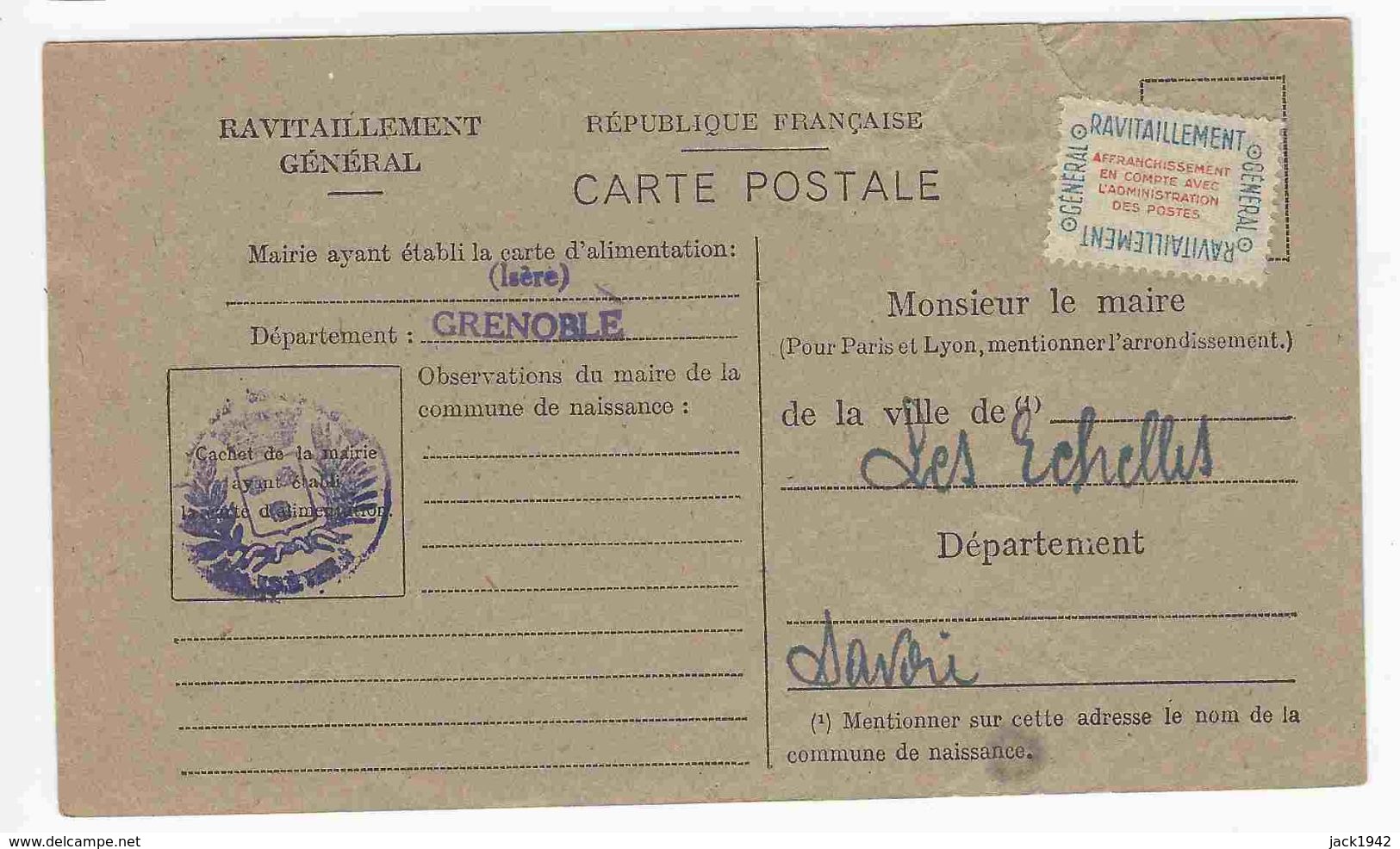 1946 - étiquette Service Du Ravitaillement Général Sur Fiche De Grenoble Pour Les Echelles Savoie - Brieven & Documenten
