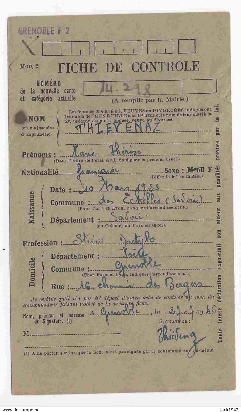 1946 - étiquette Service Du Ravitaillement Général Sur Fiche De Grenoble Pour Les Echelles Savoie - Cartas & Documentos