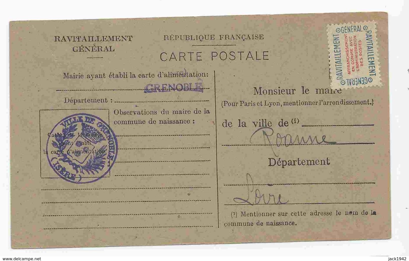 1946 - étiquette Service Du Ravitaillement Général Sur Fiche De Grenoble Pour Roanne Loire - Brieven & Documenten