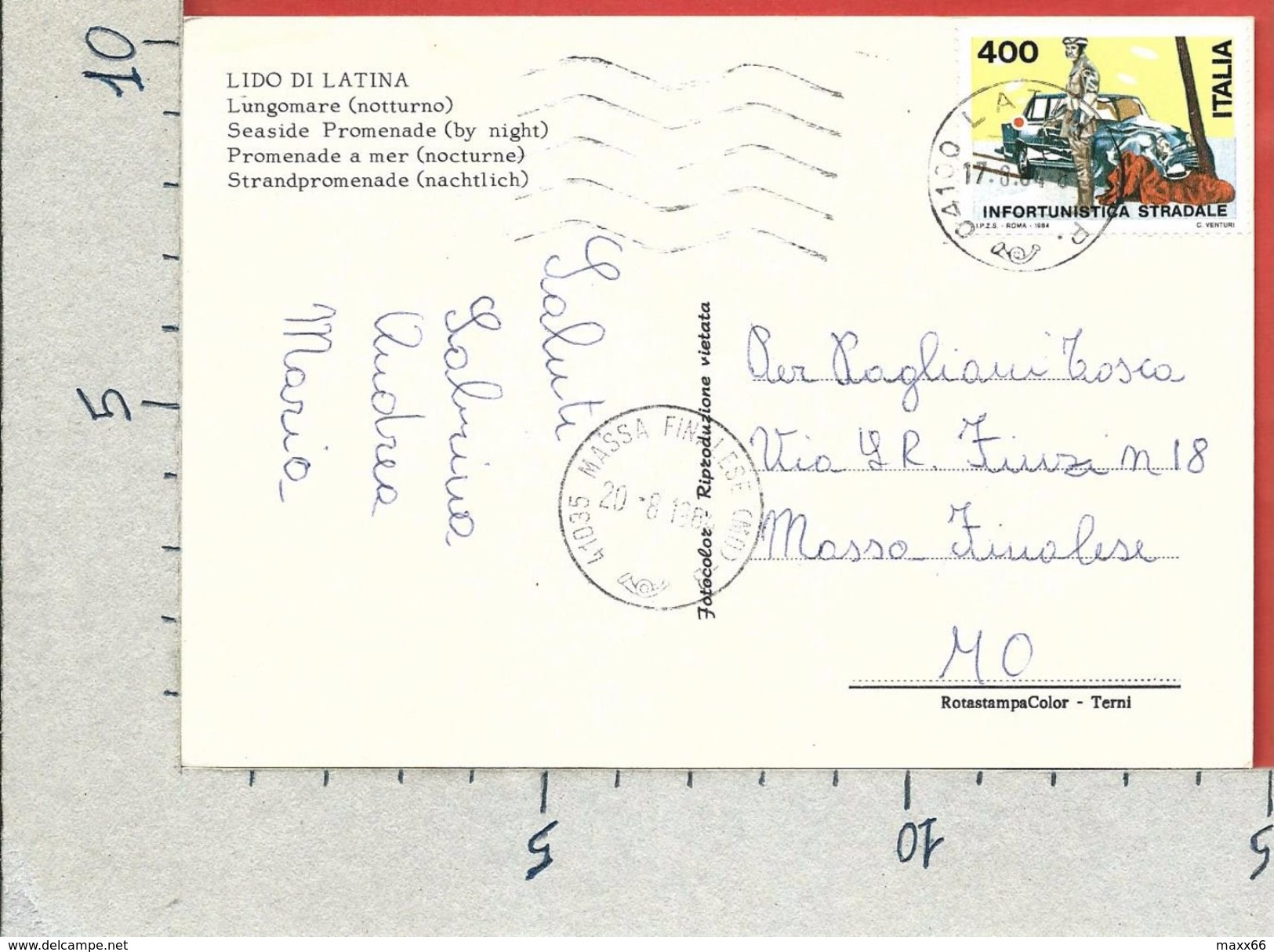 CARTOLINA VG ITALIA - Lido Di LATINA - Lungomare Notturno - 10 X 15 - ANN. 1984 INFORTUNISTICA STRADALE - Latina