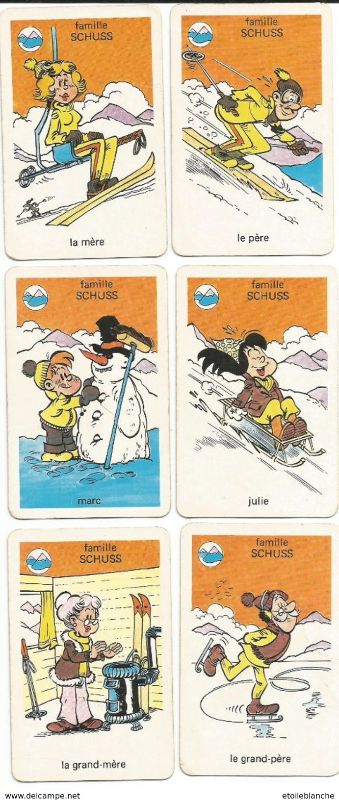 6 Cartes-jeu Illustrées, Ski, Sports D'hiver - Famille 'Schuss' (montagne, Neige, Luge, Patinage, Images, Dessin Humour) - Other & Unclassified