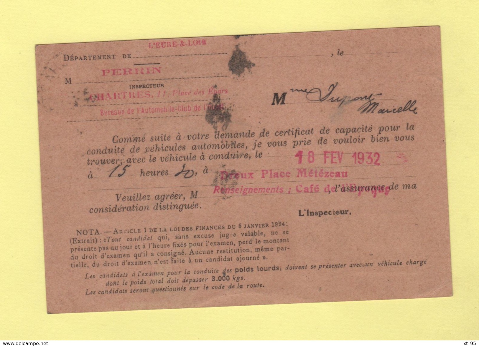 Convocation Examen Pour La Conduite - Taxe - Chartres Eure Et Loir - Theme Automobile - 1921-1960: Période Moderne