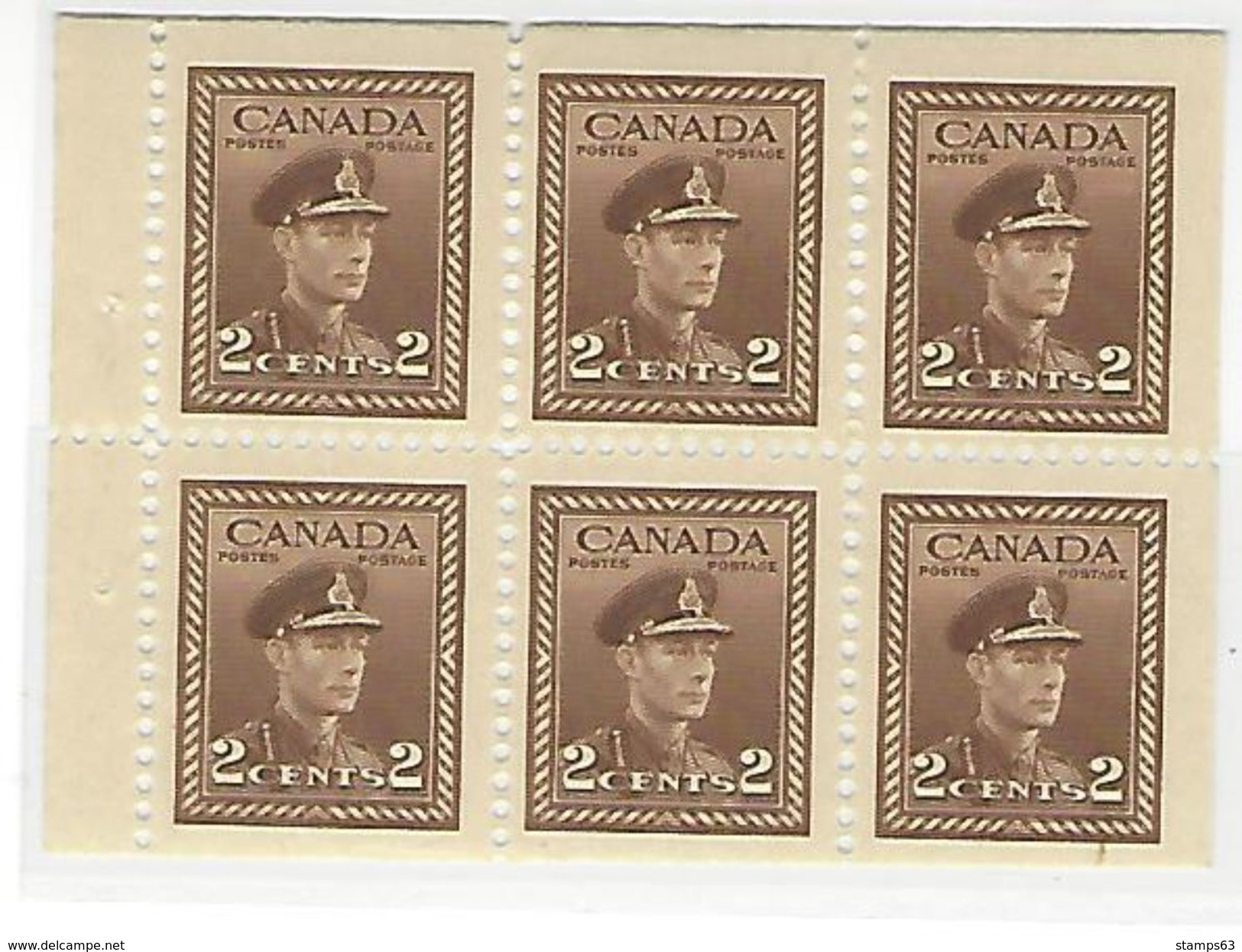 CANADA, 1942, Bookletpane 376b, 6x2c, From Booklet SB 38 - Pages De Carnets