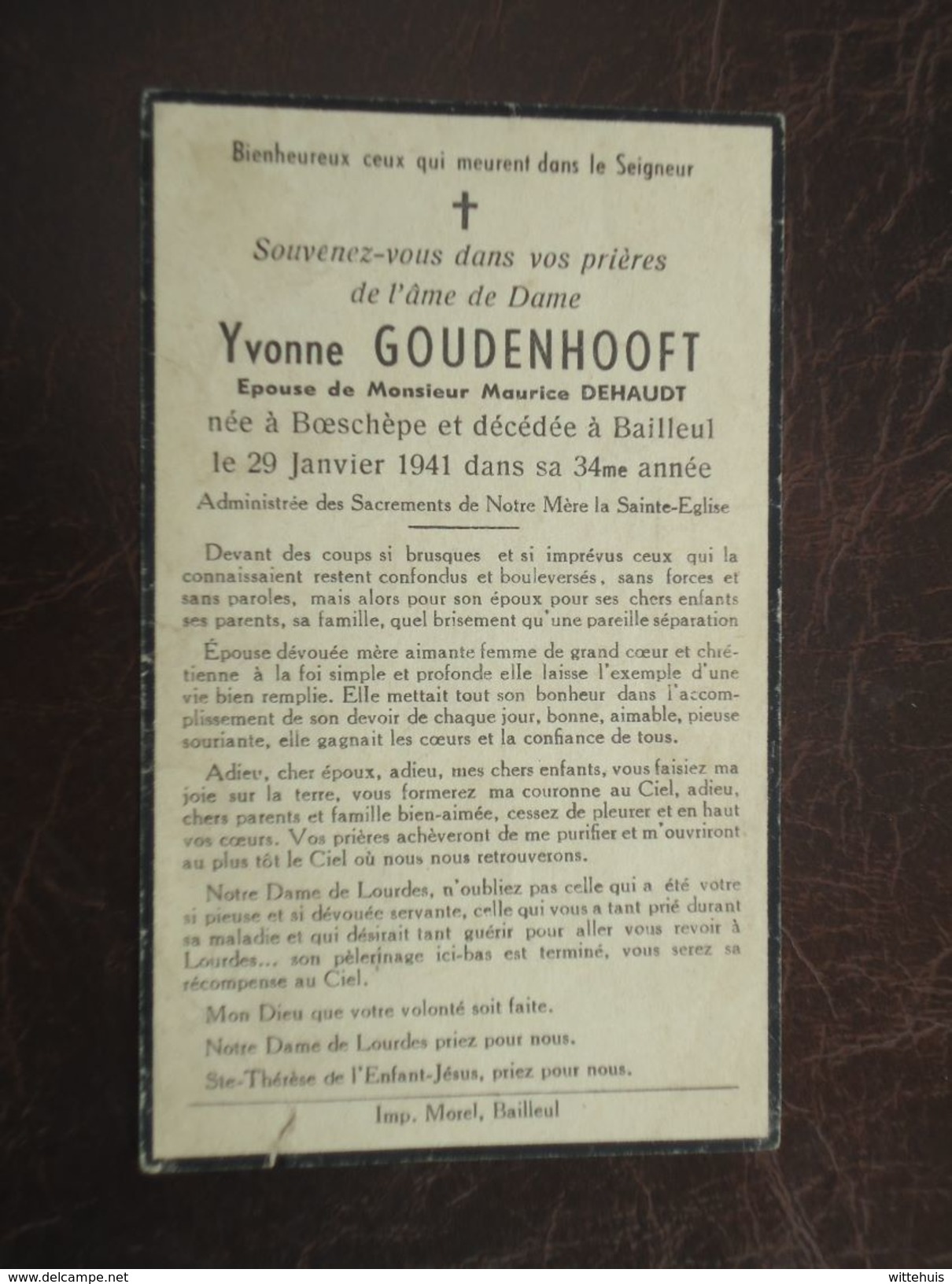 Yvonne Goudenhooft - Dehaudt Née à Boeschèpe Et Décédé à Bailleul  1941  (2scans) - Religion & Esotérisme